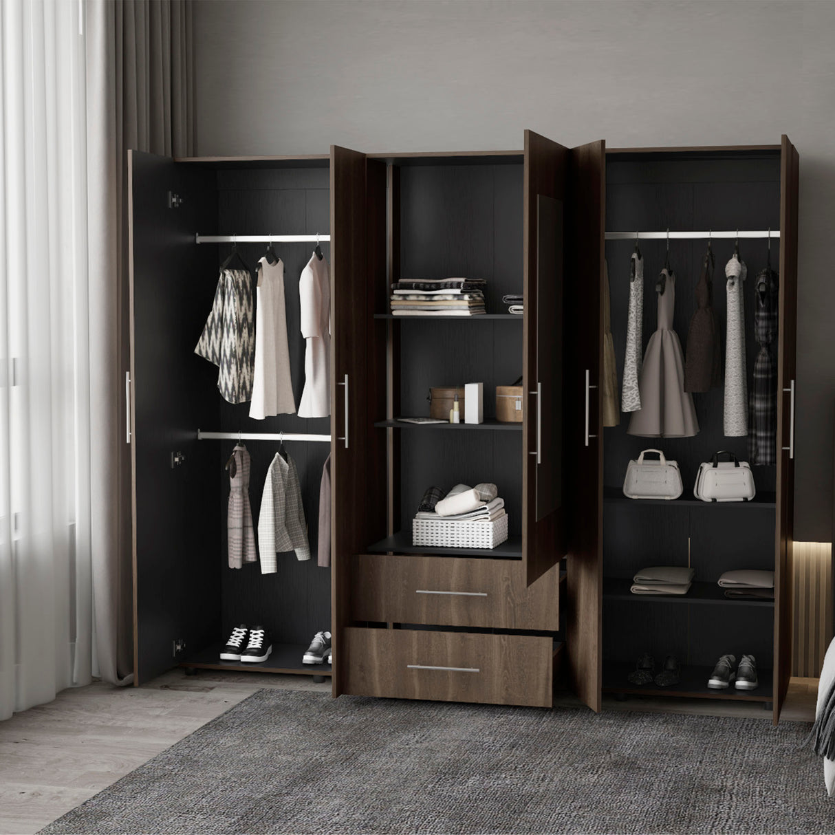 Closet Bigaf Milan y Wengue 230x200cm Con Dos Cajones y Cuatro Entrepaños y Espejo - CLOSETS | Bylmo