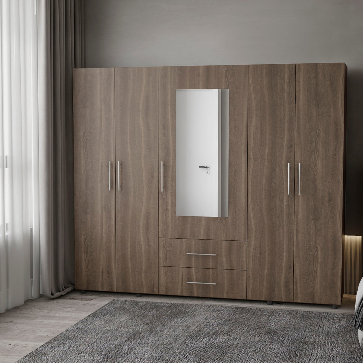 Closet Bigaf Milan y Wengue 230x200cm Con Dos Cajones y Cuatro Entrepaños y Espejo - CLOSETS | Bylmo