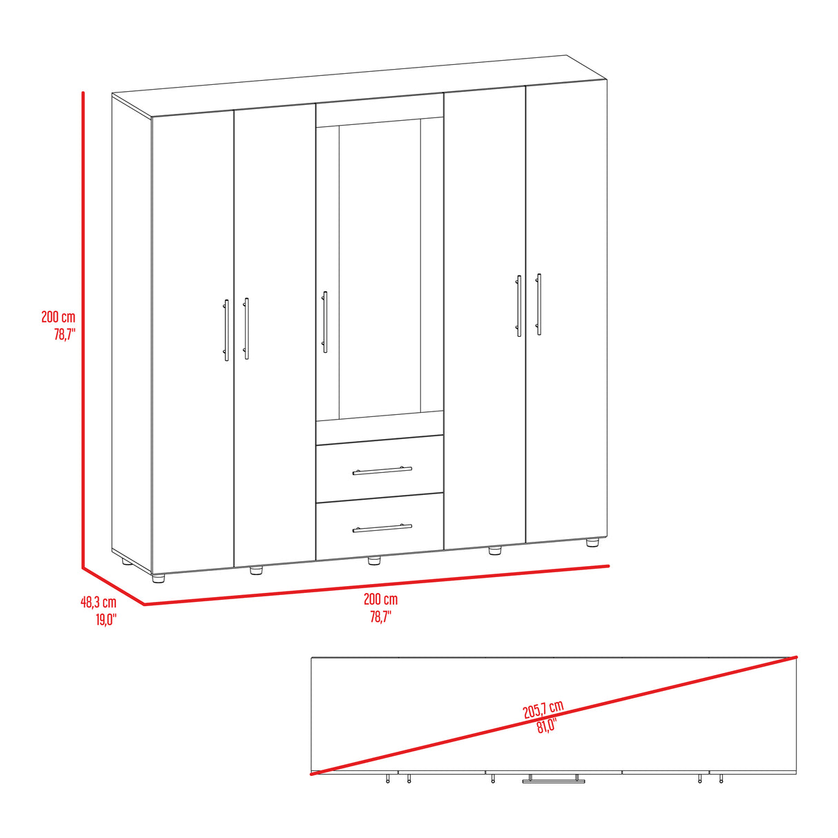 Closet Bigaf Milan y Wengue 230x200cm Con Dos Cajones y Cuatro Entrepaños y Espejo - CLOSETS | Bylmo