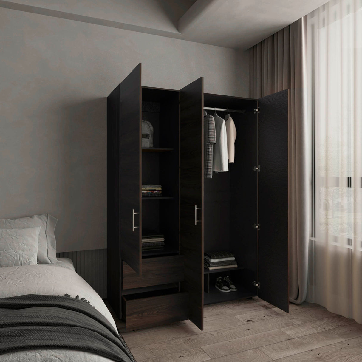 Closet Dassel Nogal y Wengue 140x200cm Con Dos Cajones y Dos Entrepaños - CLOSETS | Bylmo