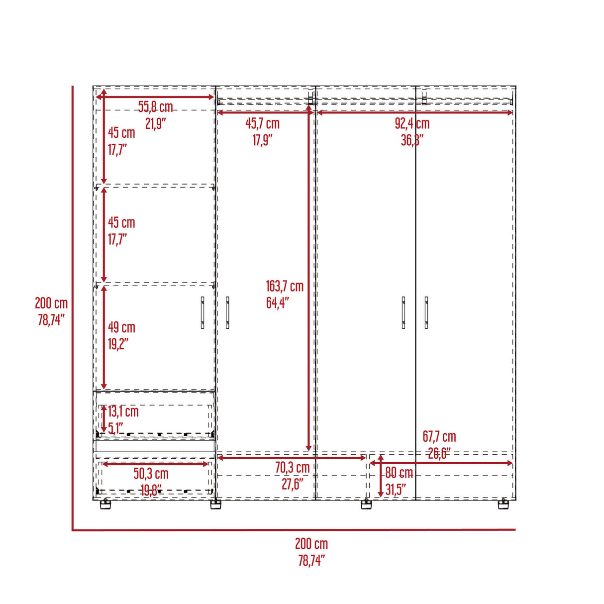 Closet Dassel Nogal y Wengue 200x200cm Con Dos Cajones y Tres Entrepaños - CLOSETS | Bylmo