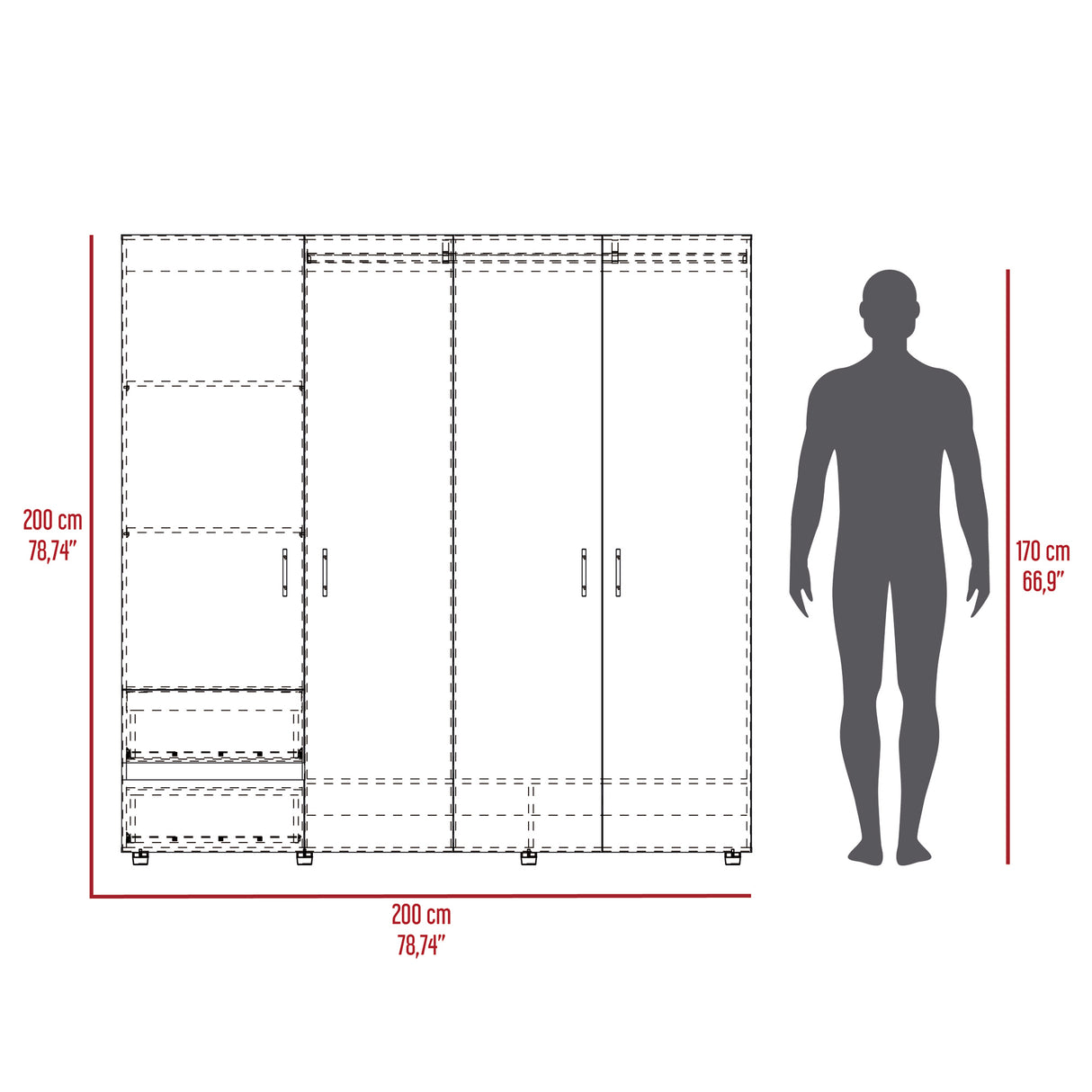 Closet Dassel Nogal y Wengue 200x200cm Con Dos Cajones y Tres Entrepaños - CLOSETS | Bylmo