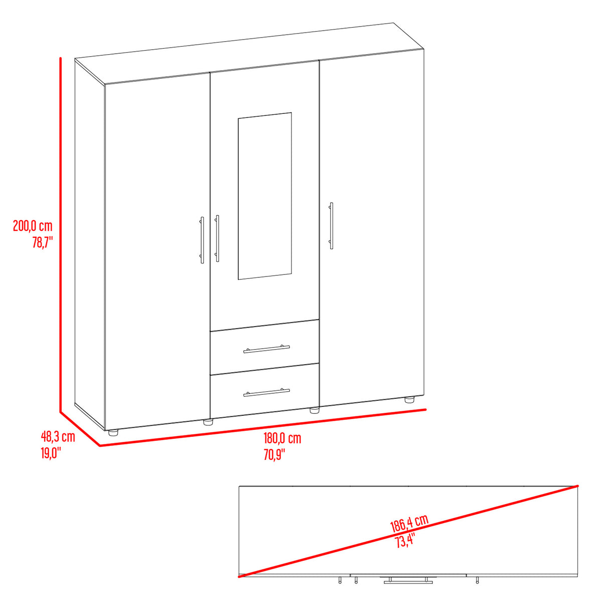 Closet Grayson Fresno Europeo y Wengue 180x200cm Con Dos Cajones y Tres Entrepaños y Espejo - CLOSETS | Bylmo