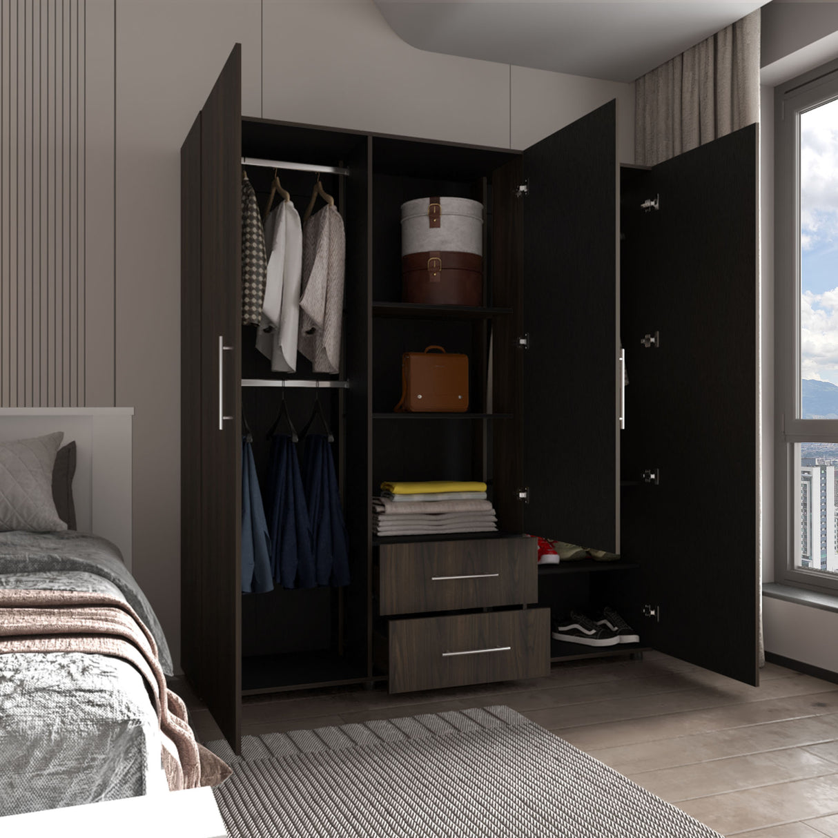 Closet Grayson Nogal y Wengue 180x200cm Con Dos Cajones y Tres Entrepaños y Espejo - CLOSETS | Bylmo