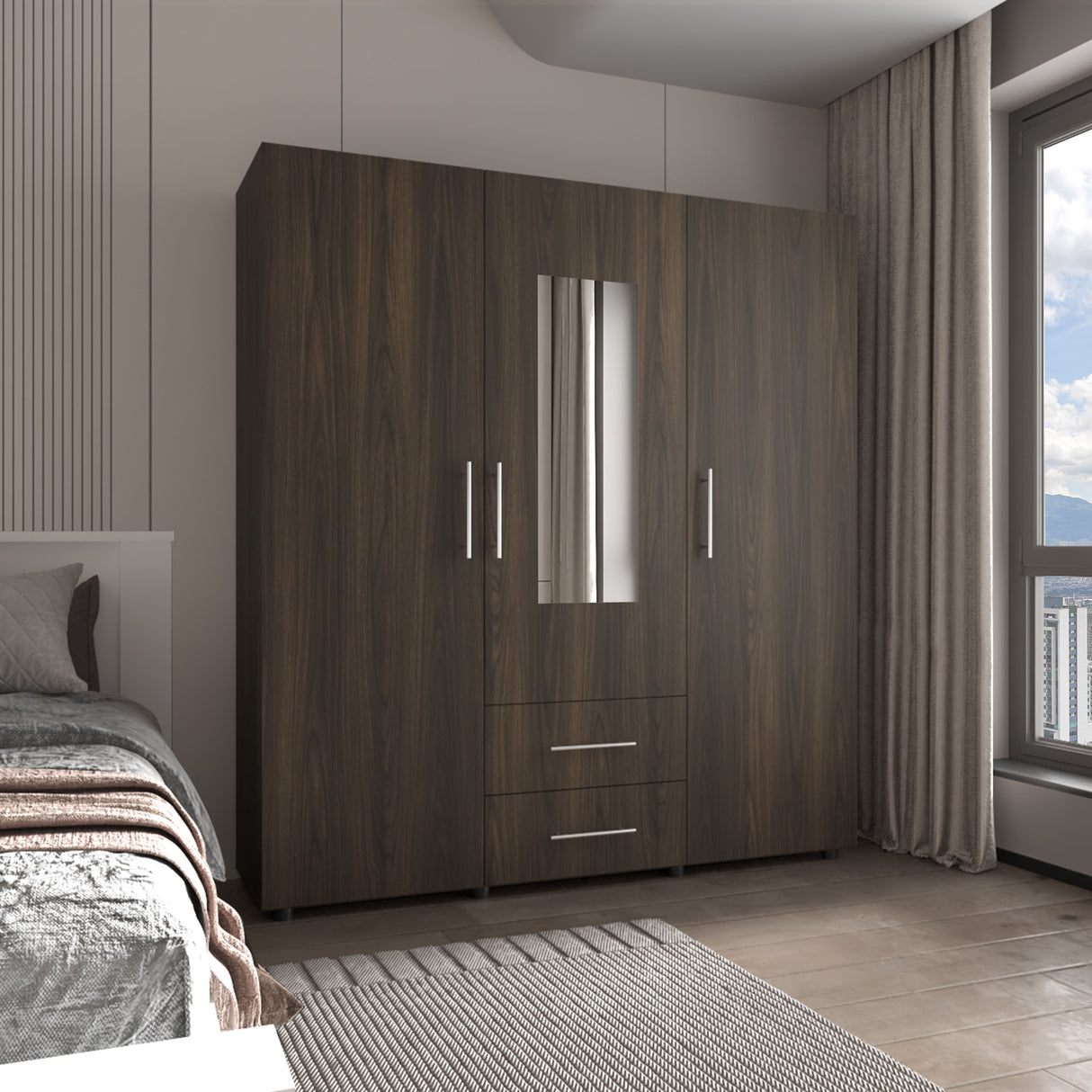 Closet Grayson Nogal y Wengue 180x200cm Con Dos Cajones y Tres Entrepaños y Espejo - CLOSETS | Bylmo