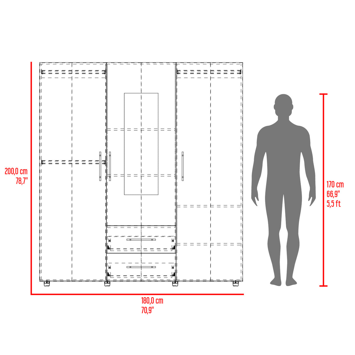 Closet Grayson Nogal y Wengue 180x200cm Con Dos Cajones y Tres Entrepaños y Espejo - CLOSETS | Bylmo