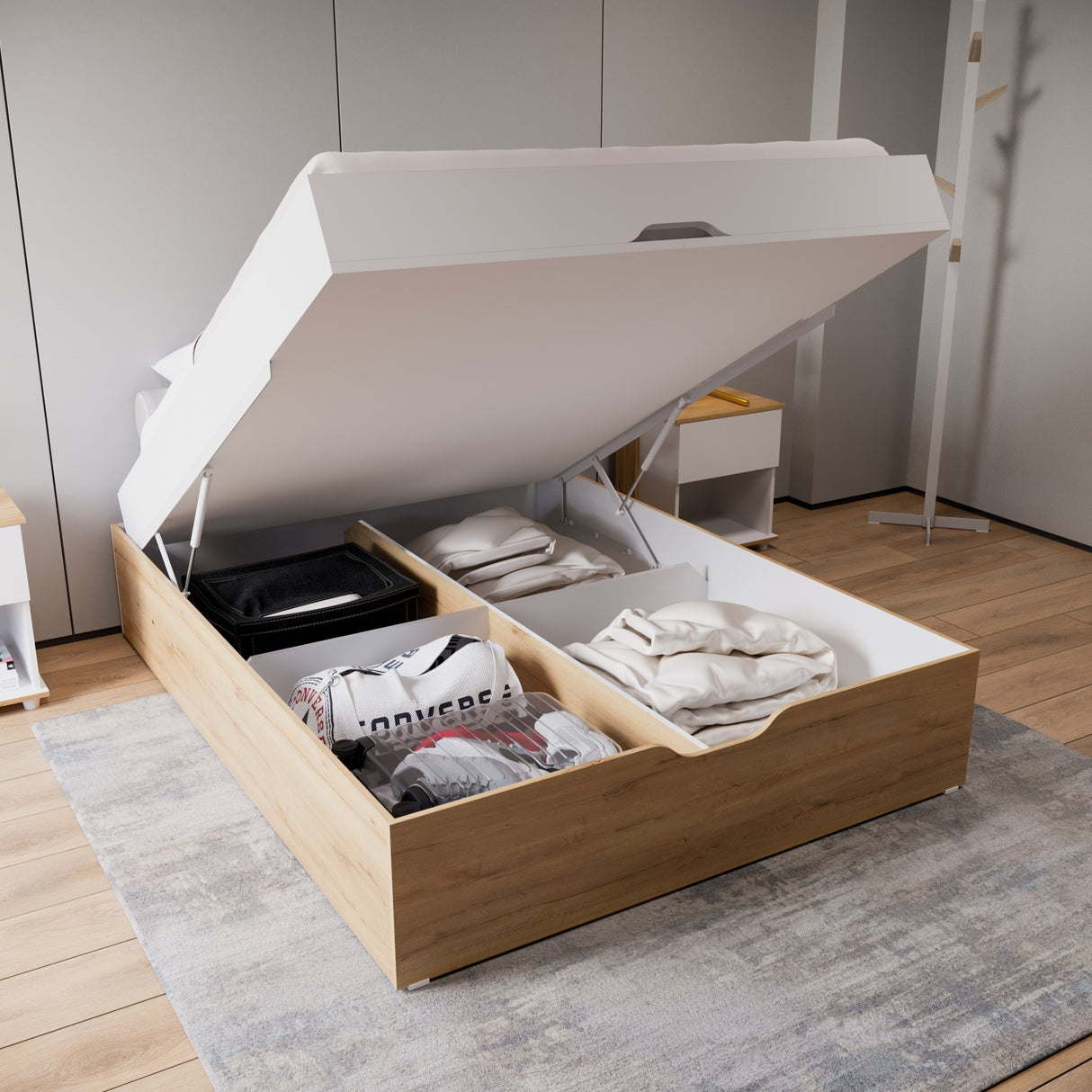 Cama Baúl Emily Duna y Blanco 150x45cm Para Colchón Doble 140 X 200 CM - CAMAS | Bylmo