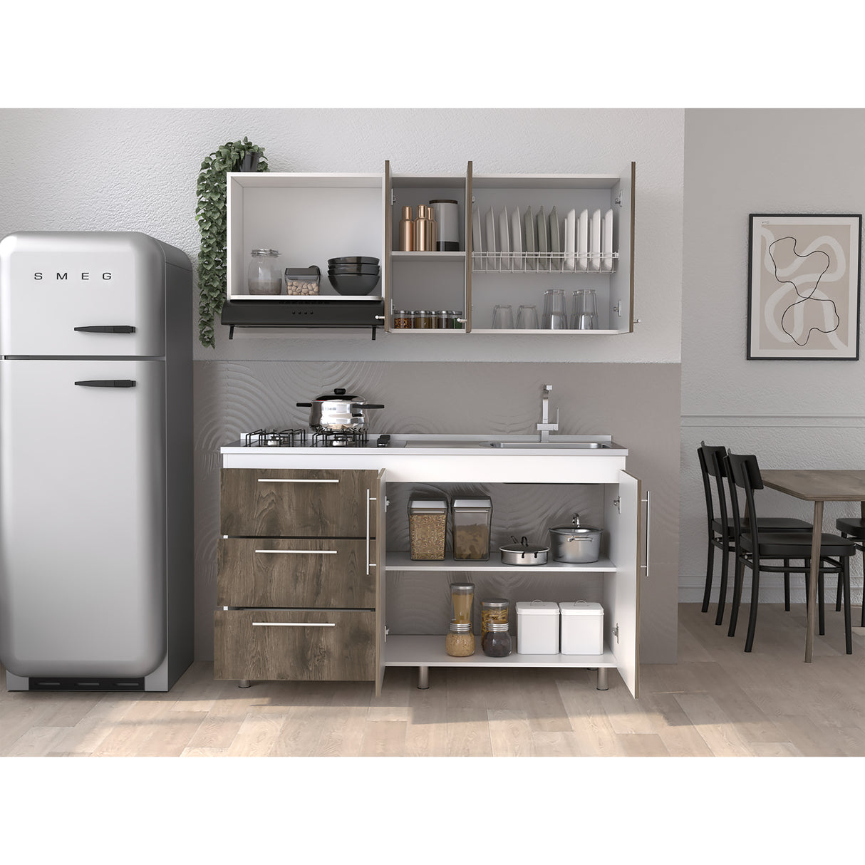 Cocina Alarcon Bellota y Blanco 150x60cm Con Mesón Estufa y Pozuelo Perforacion Derecha - COCINAS | Bylmo