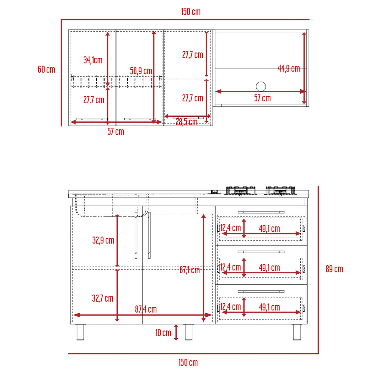 Cocina Alarcon Bellota y Blanco 150x60cm Con Mesón Estufa y Pozuelo Perforacion Izquierda - COCINAS | Bylmo