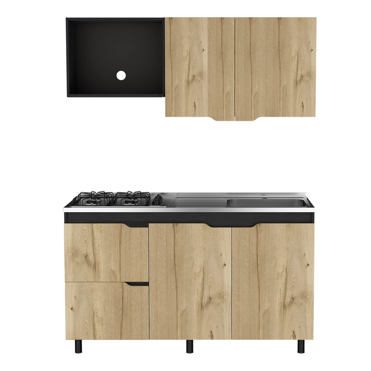 Cocina Maui Duna y Wengue 150x60cm Con Mesón Estufa y Pozuelo Perforacion Derecha - COCINAS | Bylmo