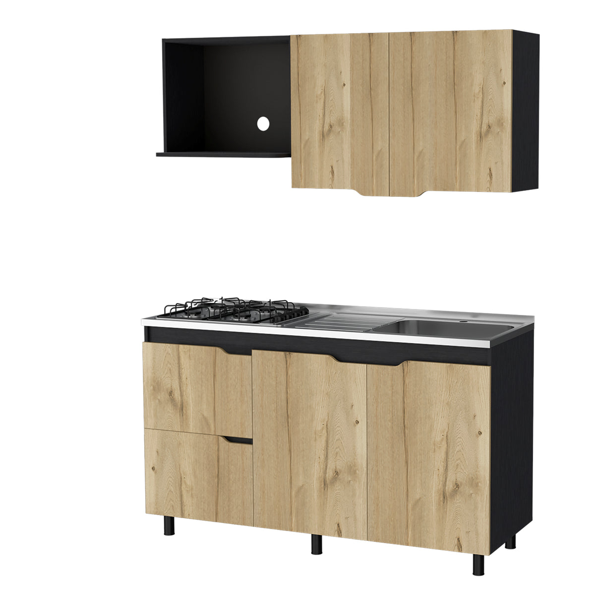 Cocina Maui Duna y Wengue 150x60cm Con Mesón Estufa y Pozuelo Perforacion Derecha - COCINAS | Bylmo