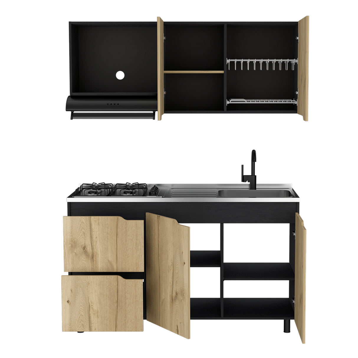 Cocina Maui Duna y Wengue 150x60cm Con Mesón Estufa y Pozuelo Perforacion Derecha - COCINAS | Bylmo