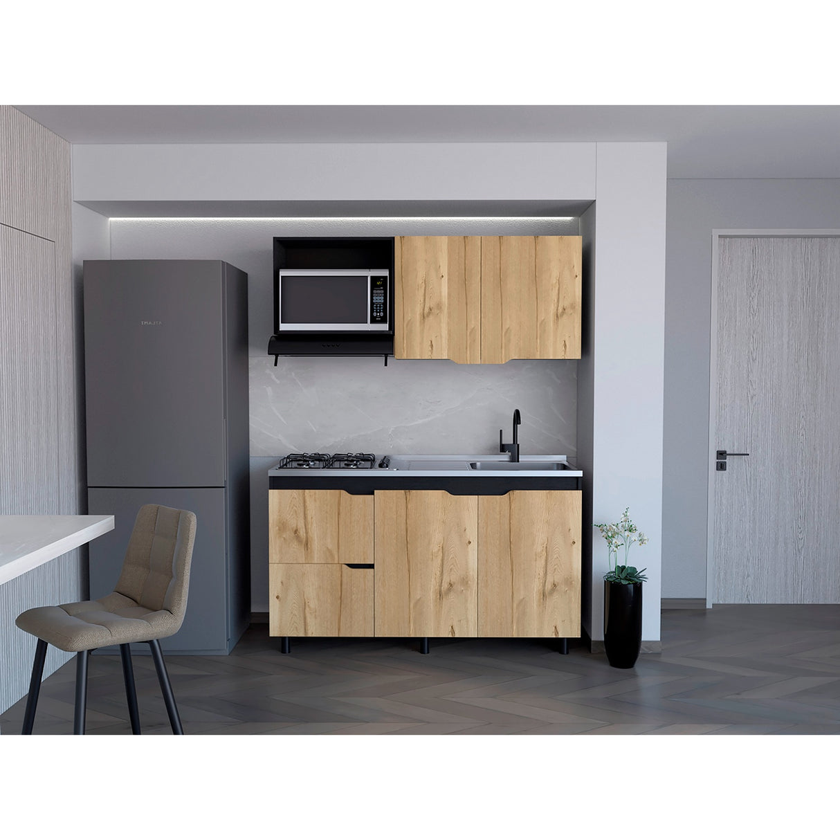 Cocina Maui Duna y Wengue 150x60cm Con Mesón Estufa y Pozuelo Perforacion Derecha - COCINAS | Bylmo