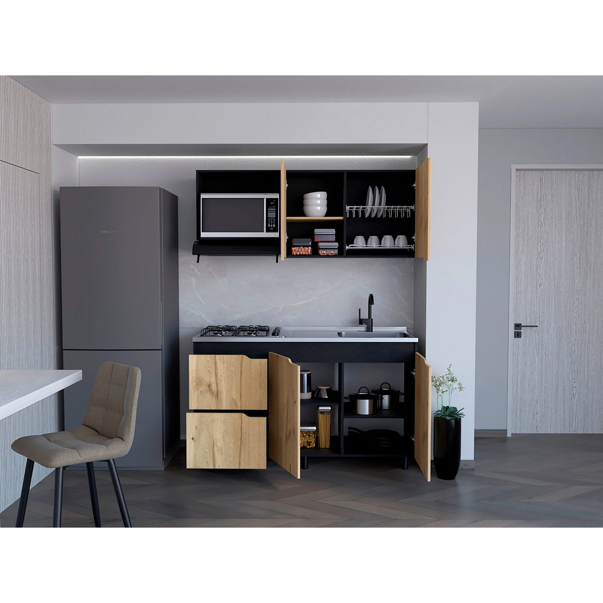 Cocina Maui Duna y Wengue 150x60cm Con Mesón Estufa y Pozuelo Perforacion Derecha - COCINAS | Bylmo