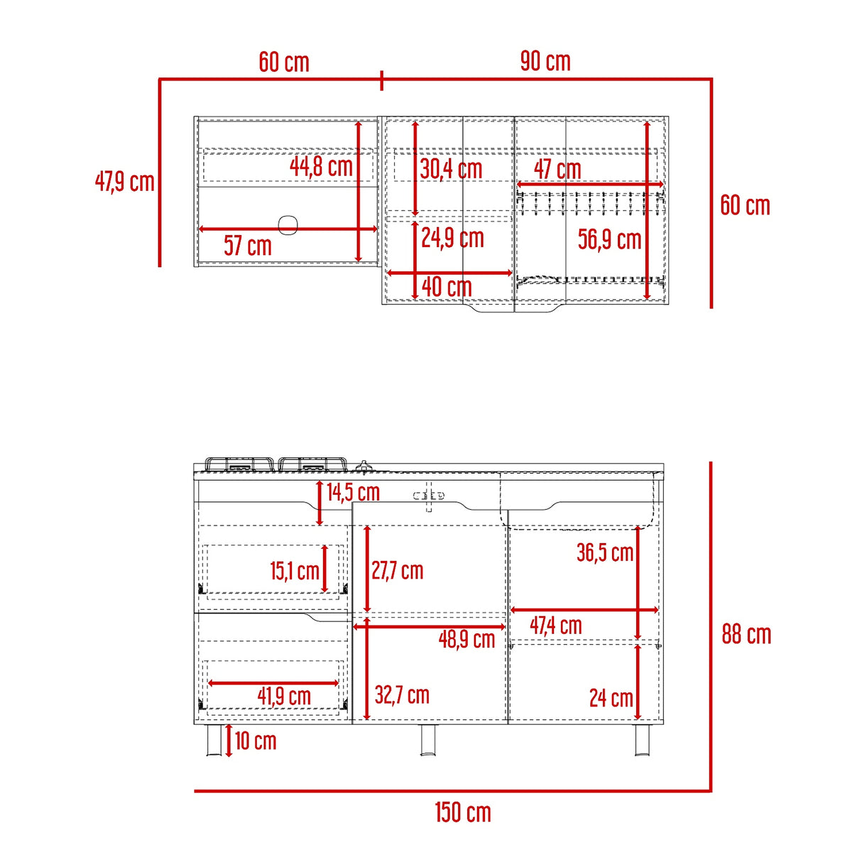 Cocina Maui Duna y Wengue 150x60cm Con Mesón Estufa y Pozuelo Perforacion Derecha - COCINAS | Bylmo