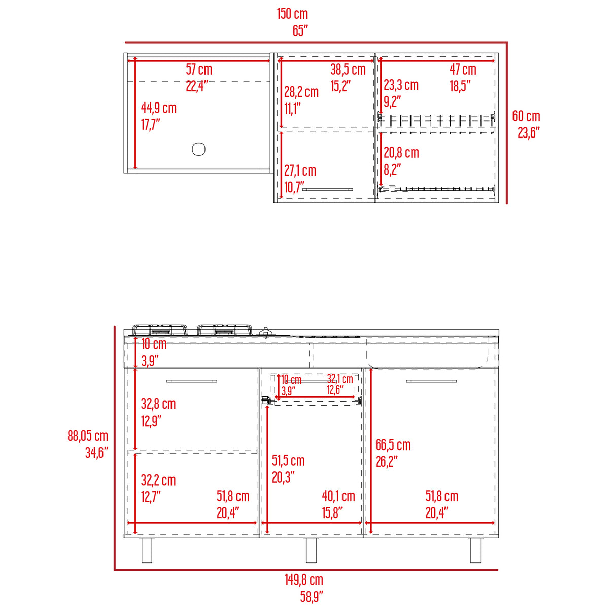 Cocina Miro Eco Duna y Blanco 150x60cm Con Mesón Estufa y Pozuelo Perforacion Derecha - COCINAS | Bylmo
