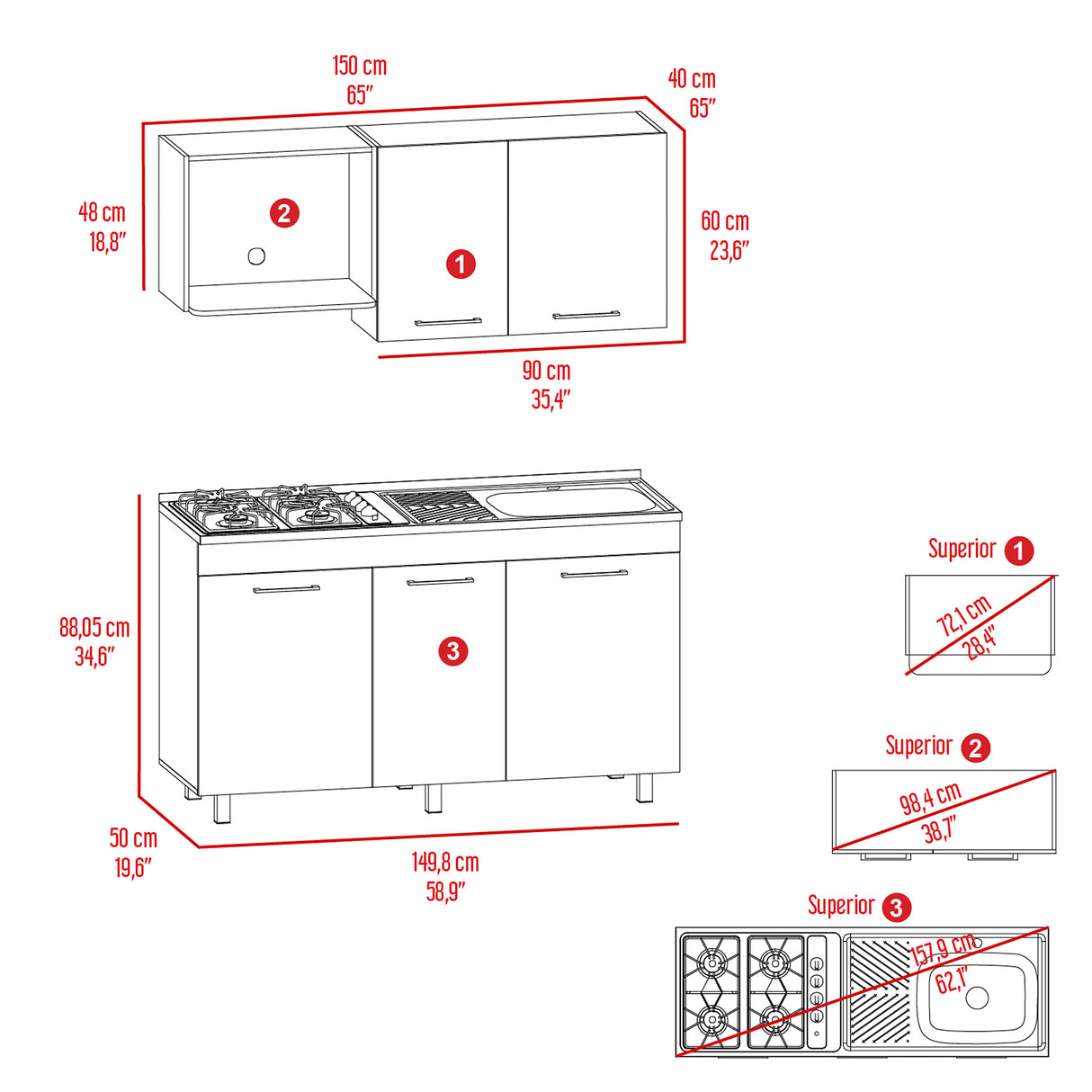 Cocina Miro Eco Duna y Blanco 150x60cm Con Mesón Estufa y Pozuelo Perforacion Derecha - COCINAS | Bylmo