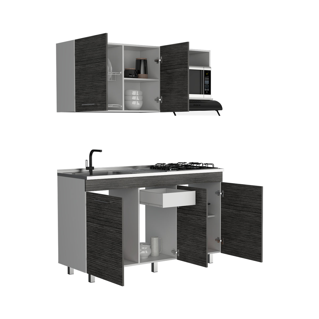 Cocina Miro Ceniza y Blanco 150x60cm Con Mesón Estufa y Pozuelo Perforacion Izquierda - COCINAS | Bylmo