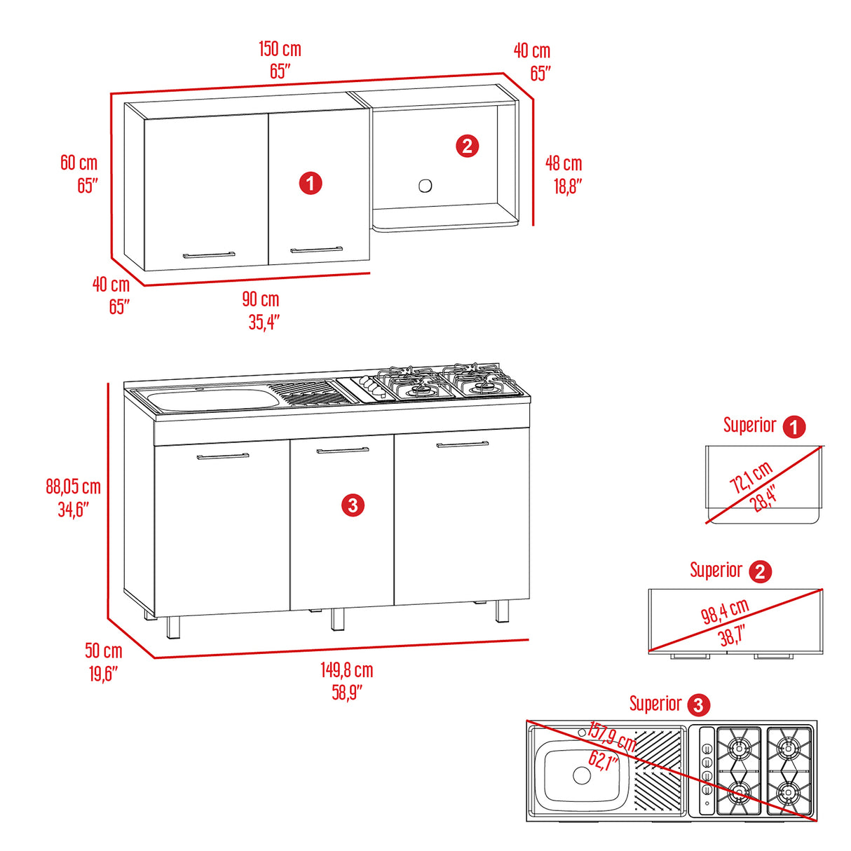 Cocina Miro Ceniza y Blanco 150x60cm Con Mesón Estufa y Pozuelo Perforacion Izquierda - COCINAS | Bylmo