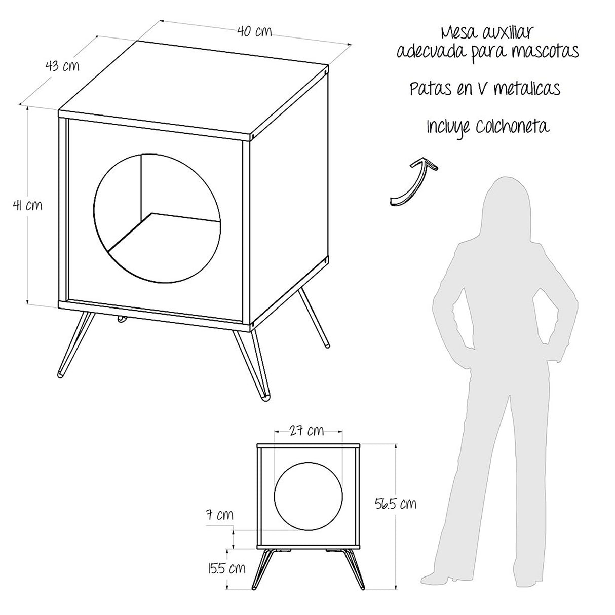 Mesa Auxiliar Cuadrada Rovere 40x43cm con Patas y Espacio para Mascota - MESAS AUXILIARES | Bylmo