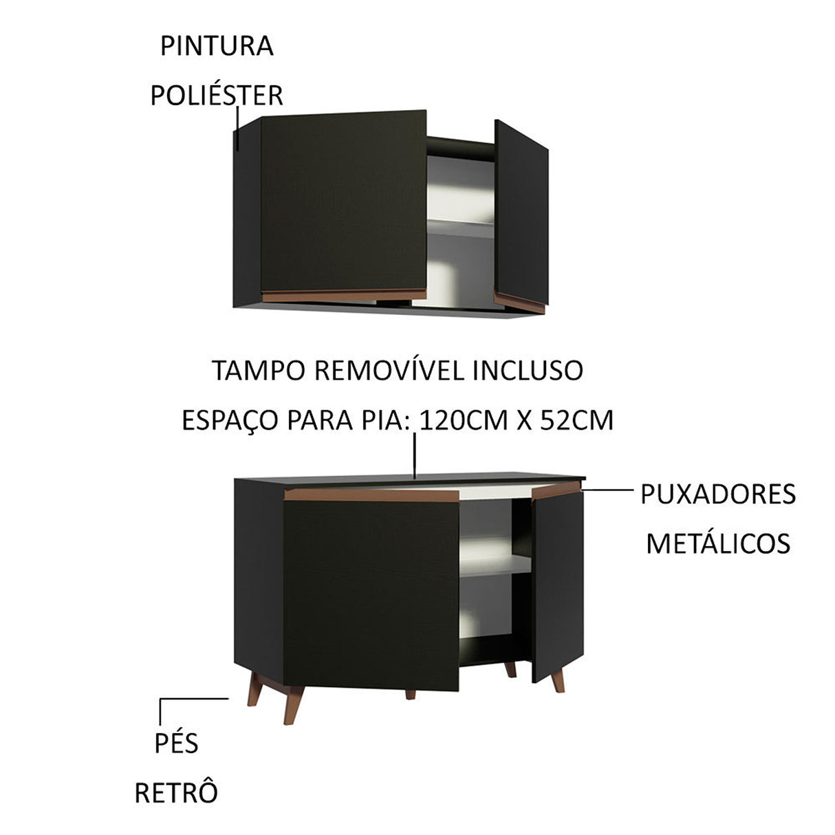 Cocina Reims Negro 120x210cm con Mesón y sin Pozuelo - COCINAS | Bylmo
