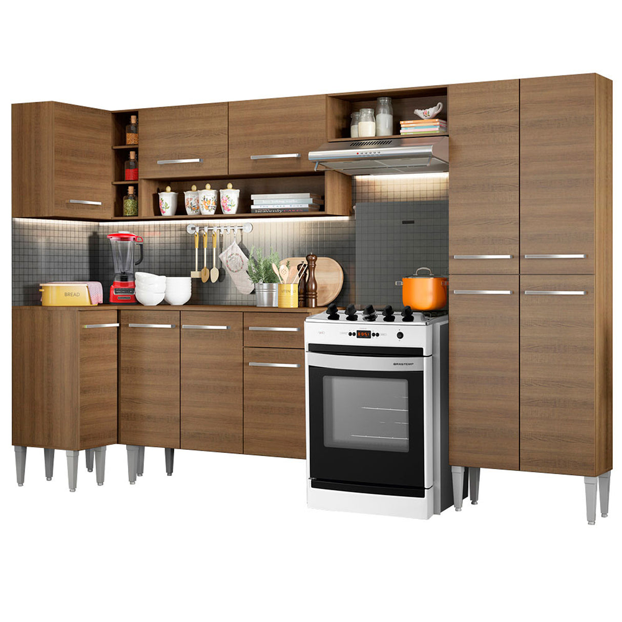 Cocina Integral Emilly Sun Marron 353x186cm con Mesón y sin Pozuelo - COCINAS | Bylmo