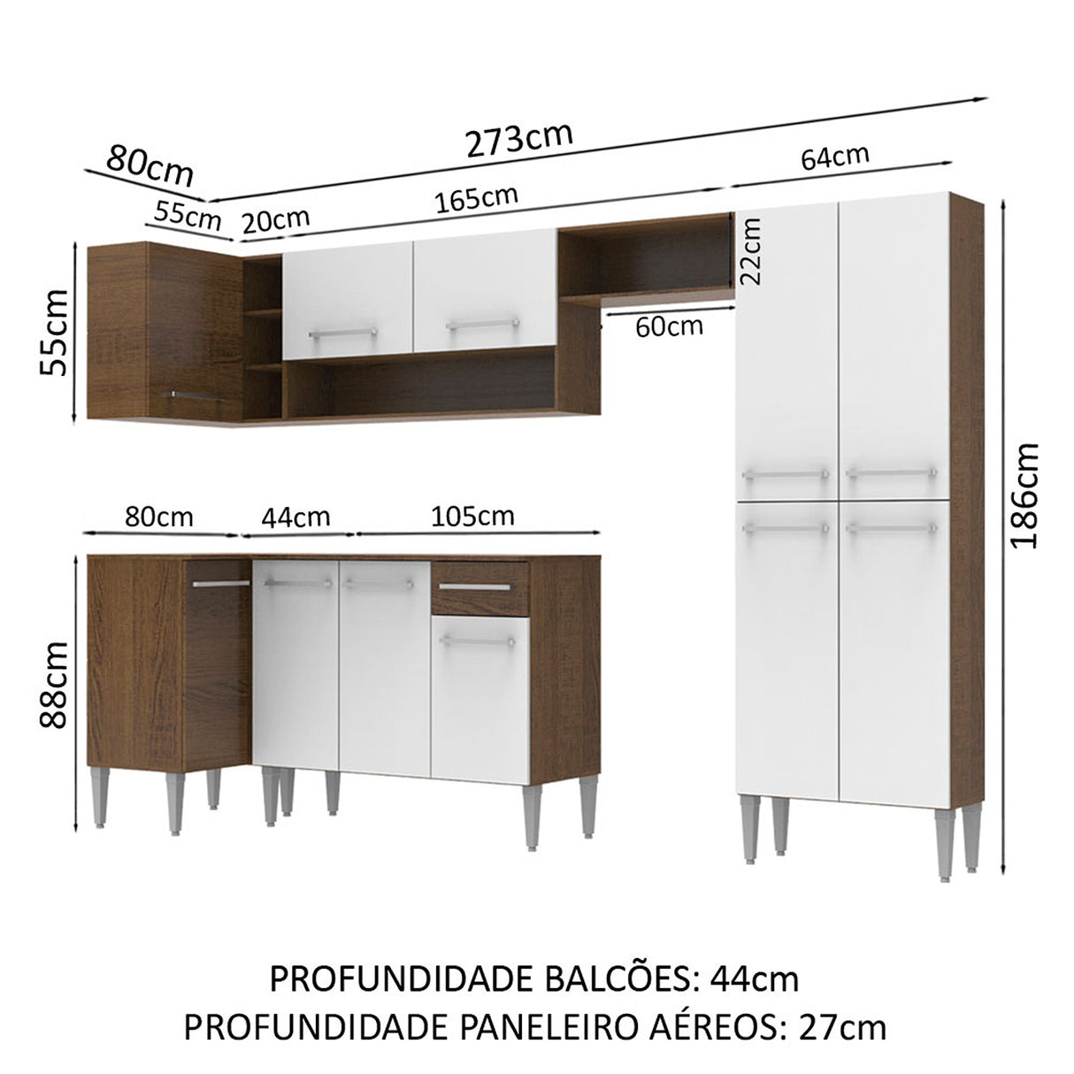 Cocina Integral Emilly Sun Blanco y Marron 353x186cm con Mesón y sin Pozuelo - COCINAS | Bylmo