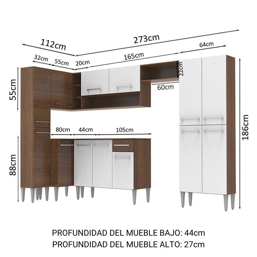 Cocina Integral Emilly Love Blanco y Marron 385x186cm con Mesón y sin Pozuelo - COCINAS | Bylmo