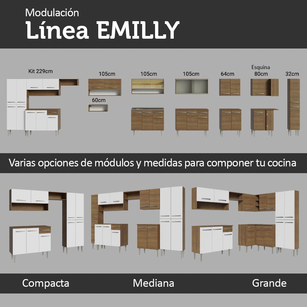 Cocina Integral Emilly Love Blanco y Marron 385x186cm con Mesón y sin Pozuelo - COCINAS | Bylmo