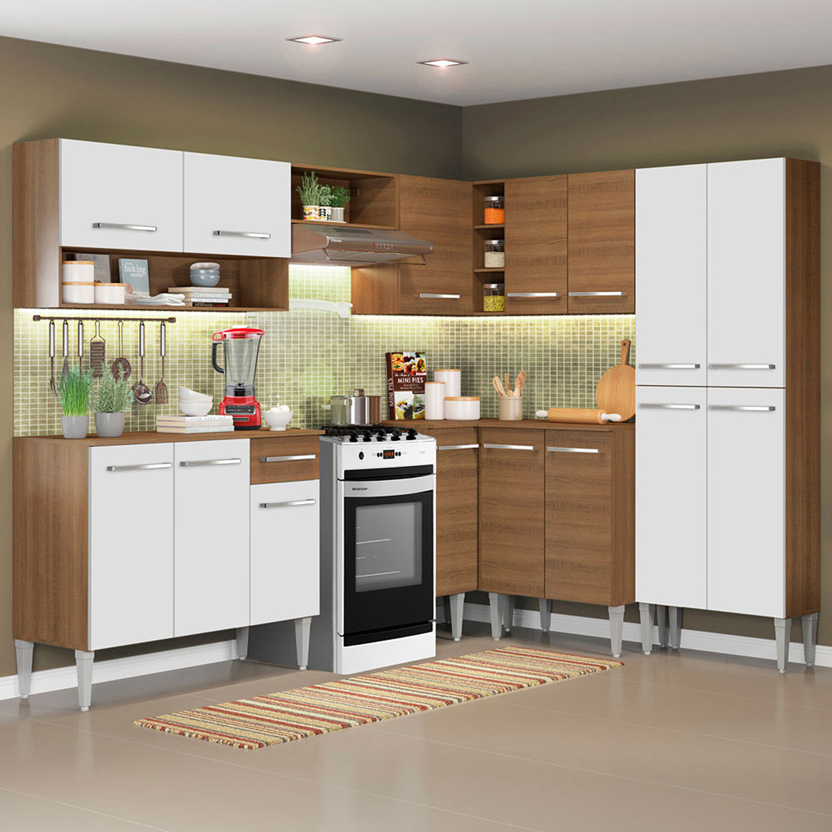 Cocina Integral Emilly Ice Blanco y Marron 417x186cm con Mesón y sin Pozuelo - COCINAS | Bylmo