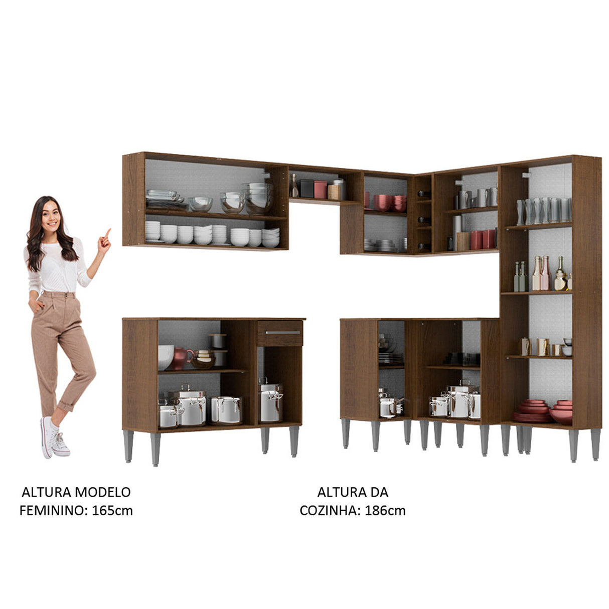 Cocina Integral Emilly Ice Blanco y Marron 417x186cm con Mesón y sin Pozuelo - COCINAS | Bylmo