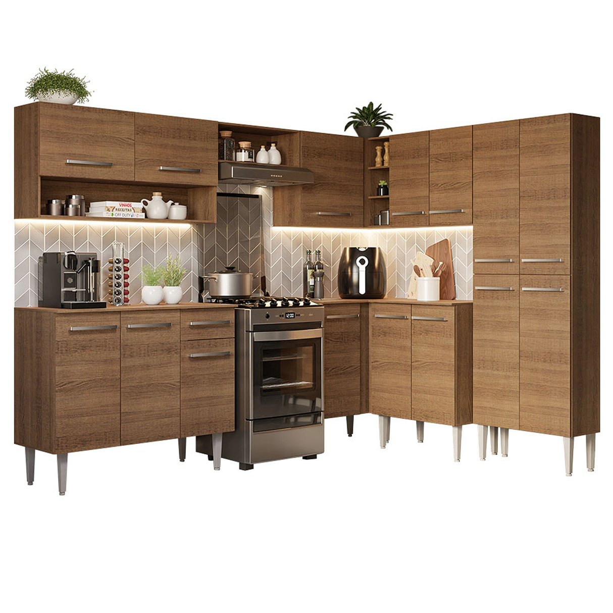 Cocina Integral Emilly Marron 417x186cm con Mesón y sin Pozuelo - COCINAS | Bylmo