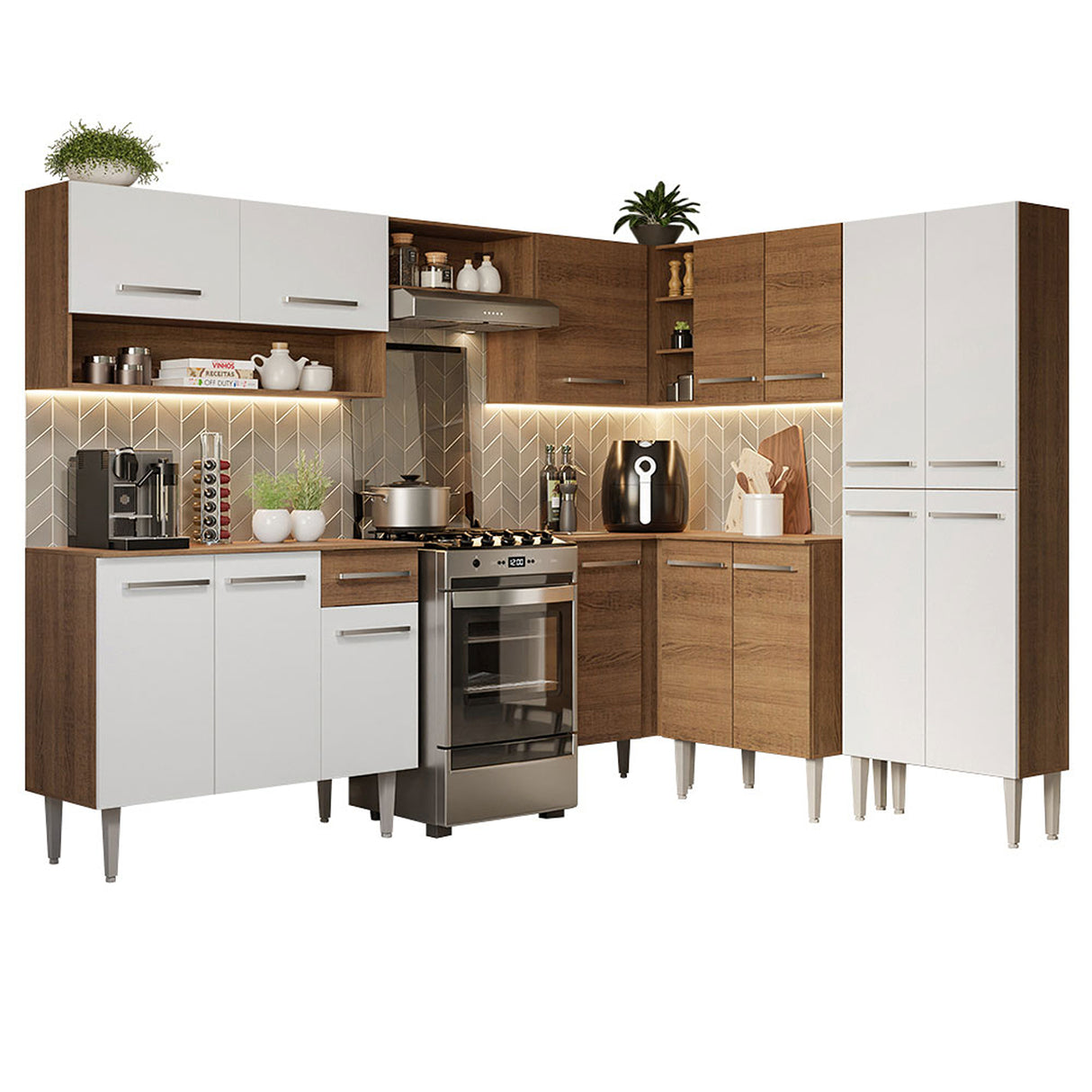 Cocina Integral Emilly Marron 417x186cm con Mesón sin Pozuelo y Un Cajón - COCINAS | Bylmo