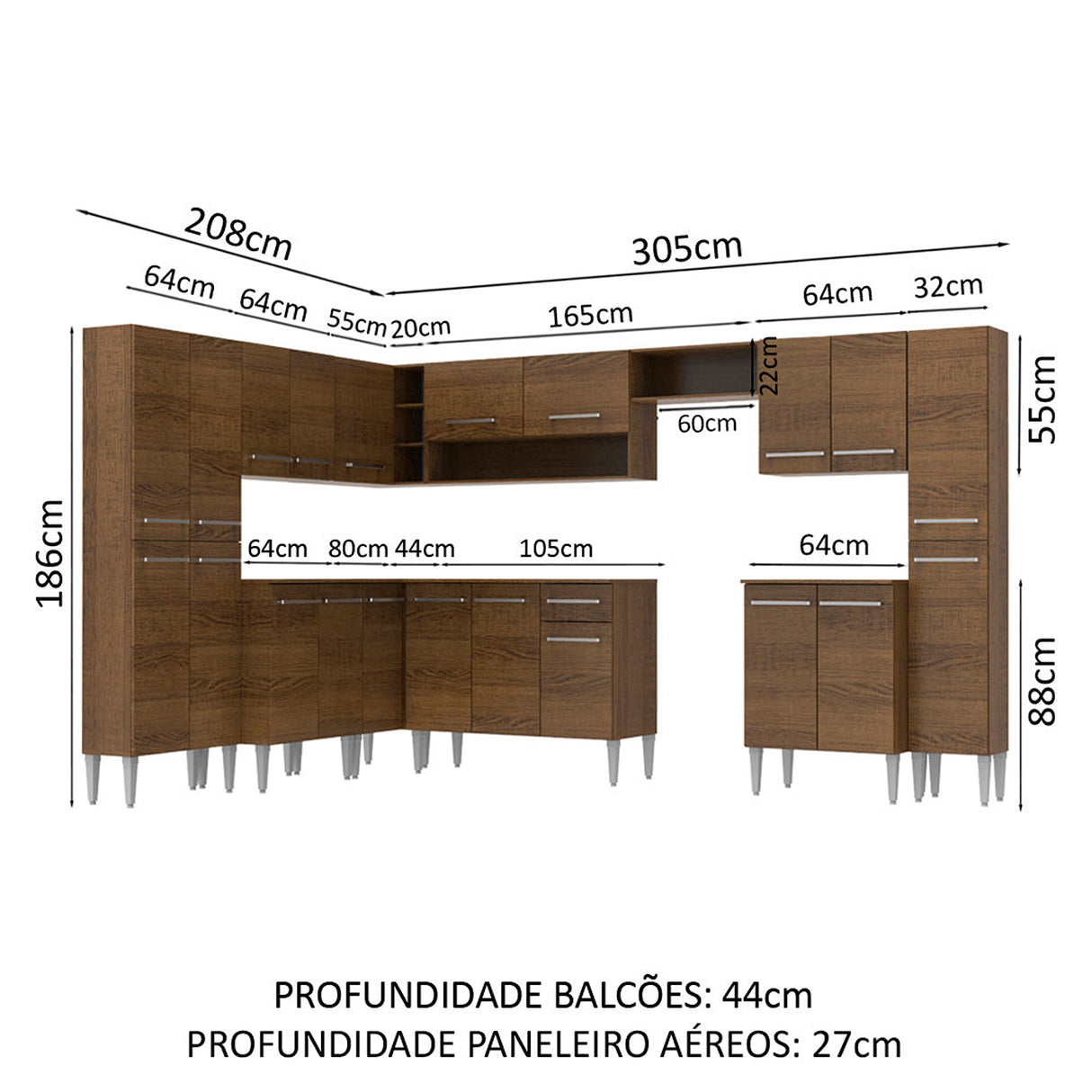 Cocina Integral Emilly Big Marron 513x186cm con Mesón y sin Pozuelo - COCINAS | Bylmo