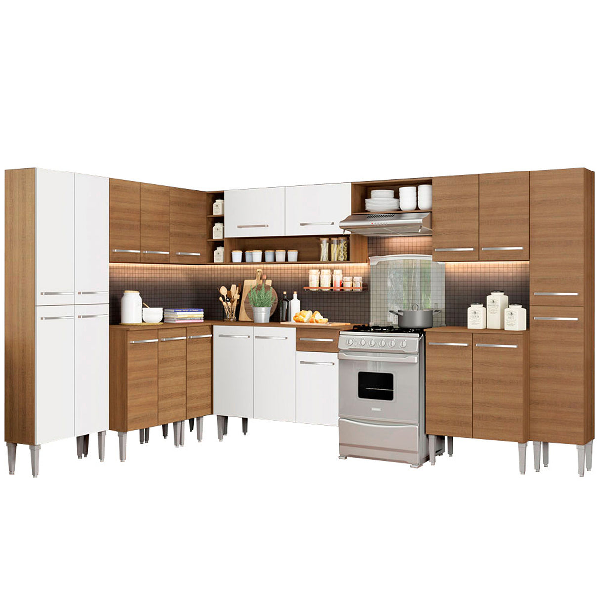 Cocina Integral Emilly Big Marron y Blanco 513x186cm con Mesón y sin Pozuelo - COCINAS | Bylmo