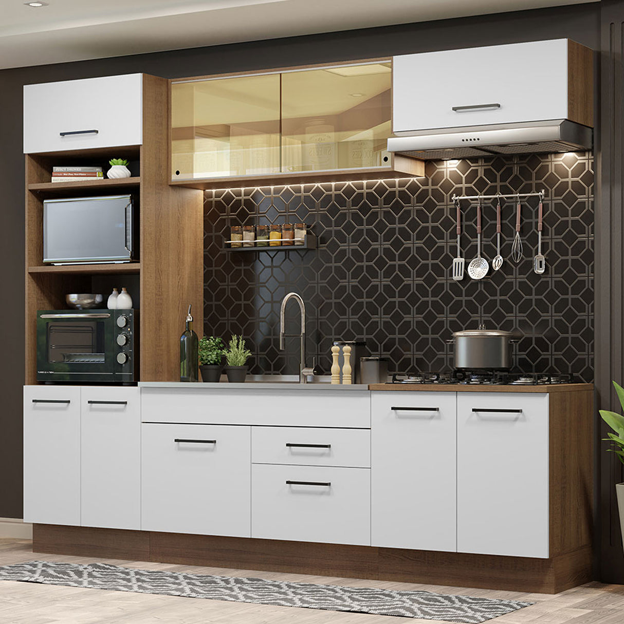 Cocina Integral Agata Marron y Blanco 270x225cm con Mesón sin Pozuelo y Dos Cajones - COCINAS | Bylmo