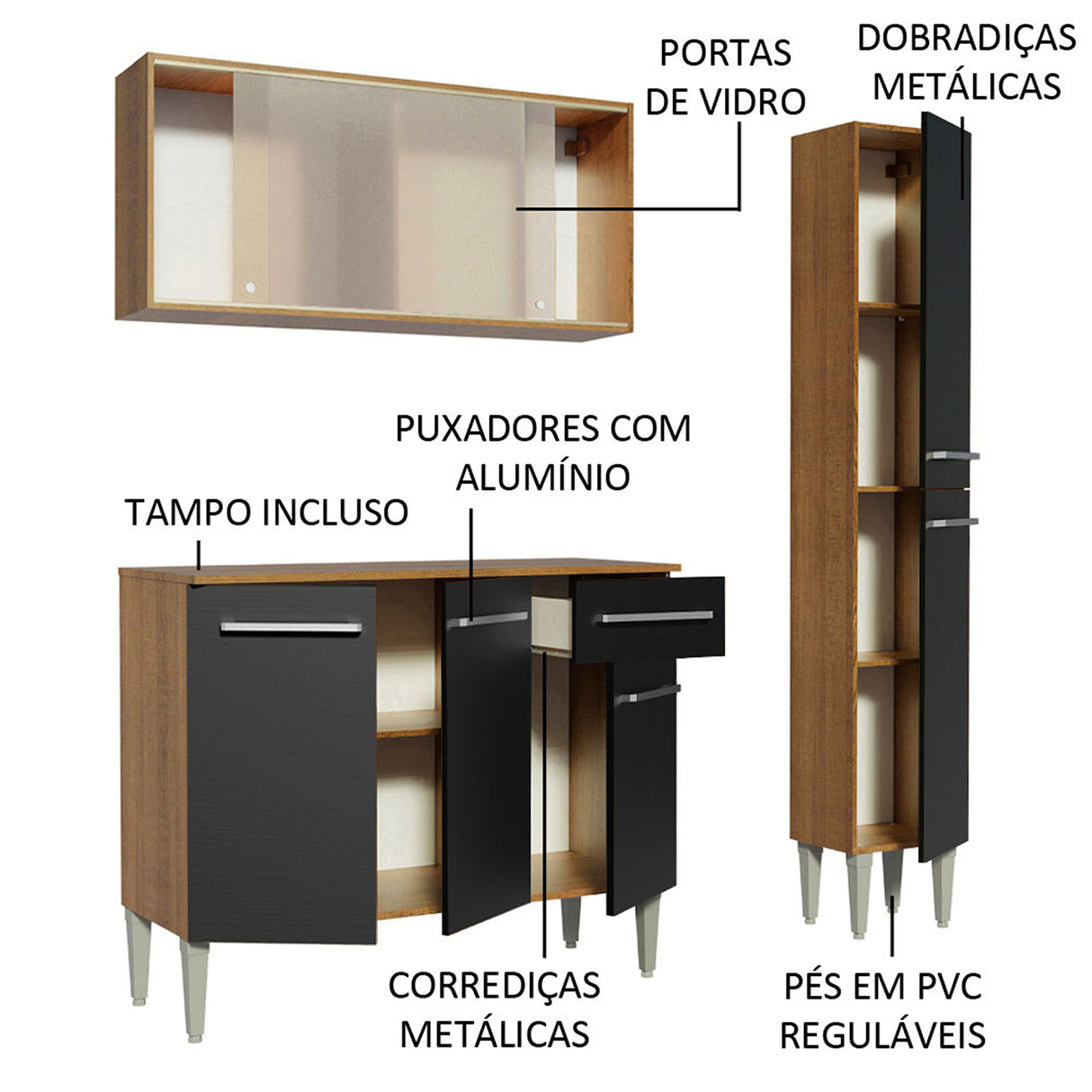 Cocina Integral Emilly Force Marron y Negro 137x186cm con Mesón y sin Pozuelo - COCINAS | Bylmo