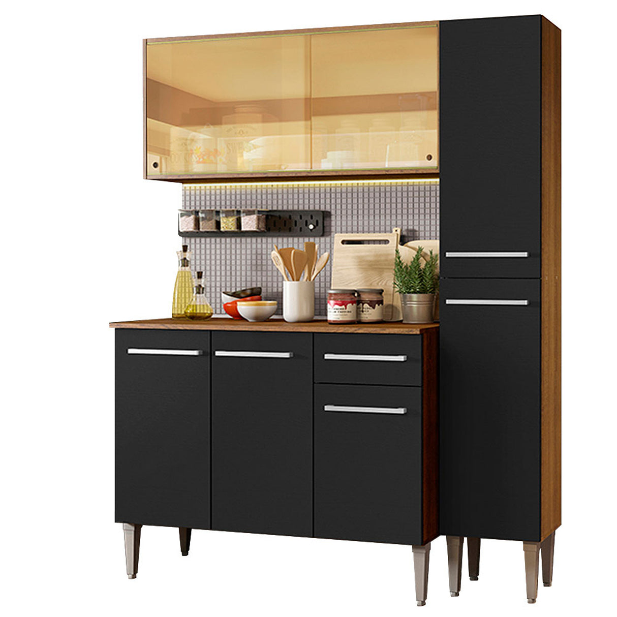 Cocina Integral Emily Gold Marron y Negro 137x186cm con Mesón y sin Pozuelo - COCINAS | Bylmo