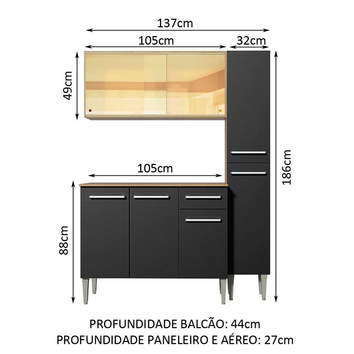 Cocina Integral Emily Gold Marron y Negro 137x186cm con Mesón y sin Pozuelo - COCINAS | Bylmo