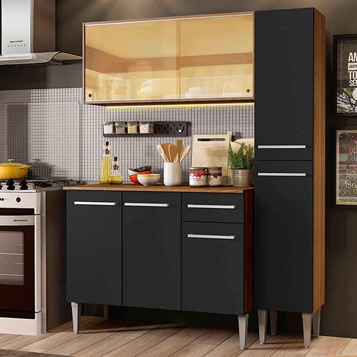 Cocina Integral Emily Gold Marron y Negro 137x186cm con Mesón y sin Pozuelo - COCINAS | Bylmo