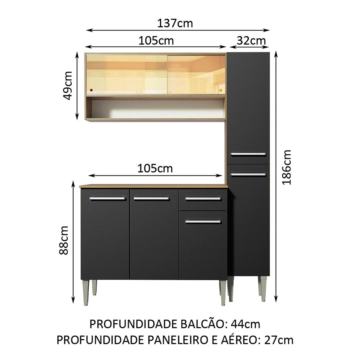 Cocina Integral Emilly Art Marron y Negro 137x186cm con Mesón y sin Pozuelo - COCINAS | Bylmo