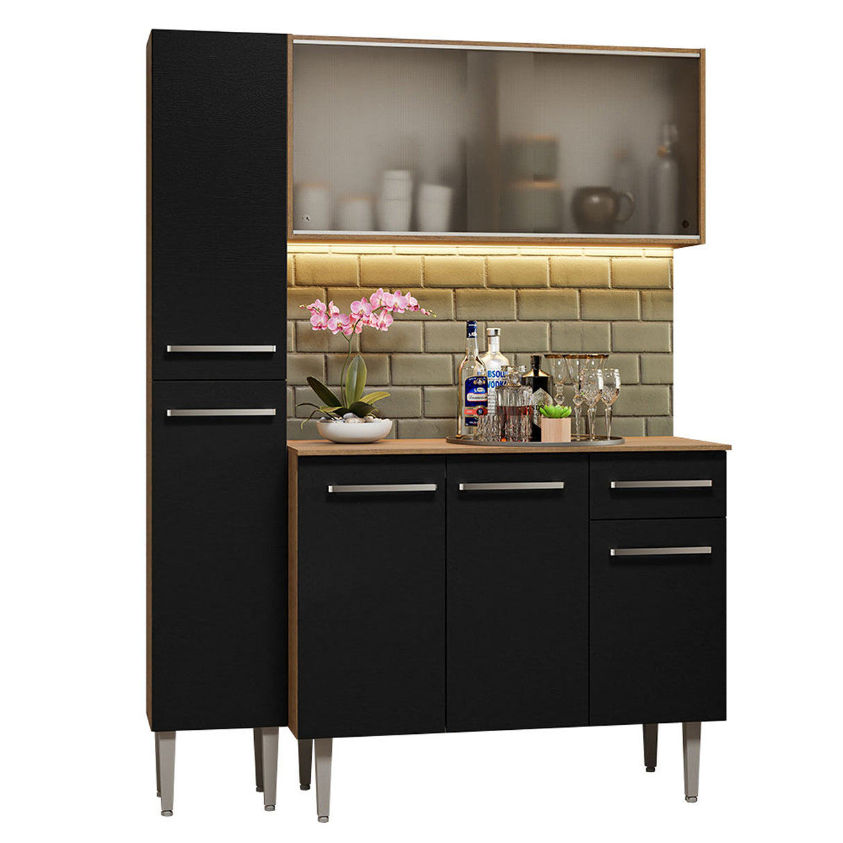 Cocina Integral Emilly Marron y Negro 137x186cm con Mesón de Madera sin Pozuelo y Siete Puertas - COCINAS | Bylmo