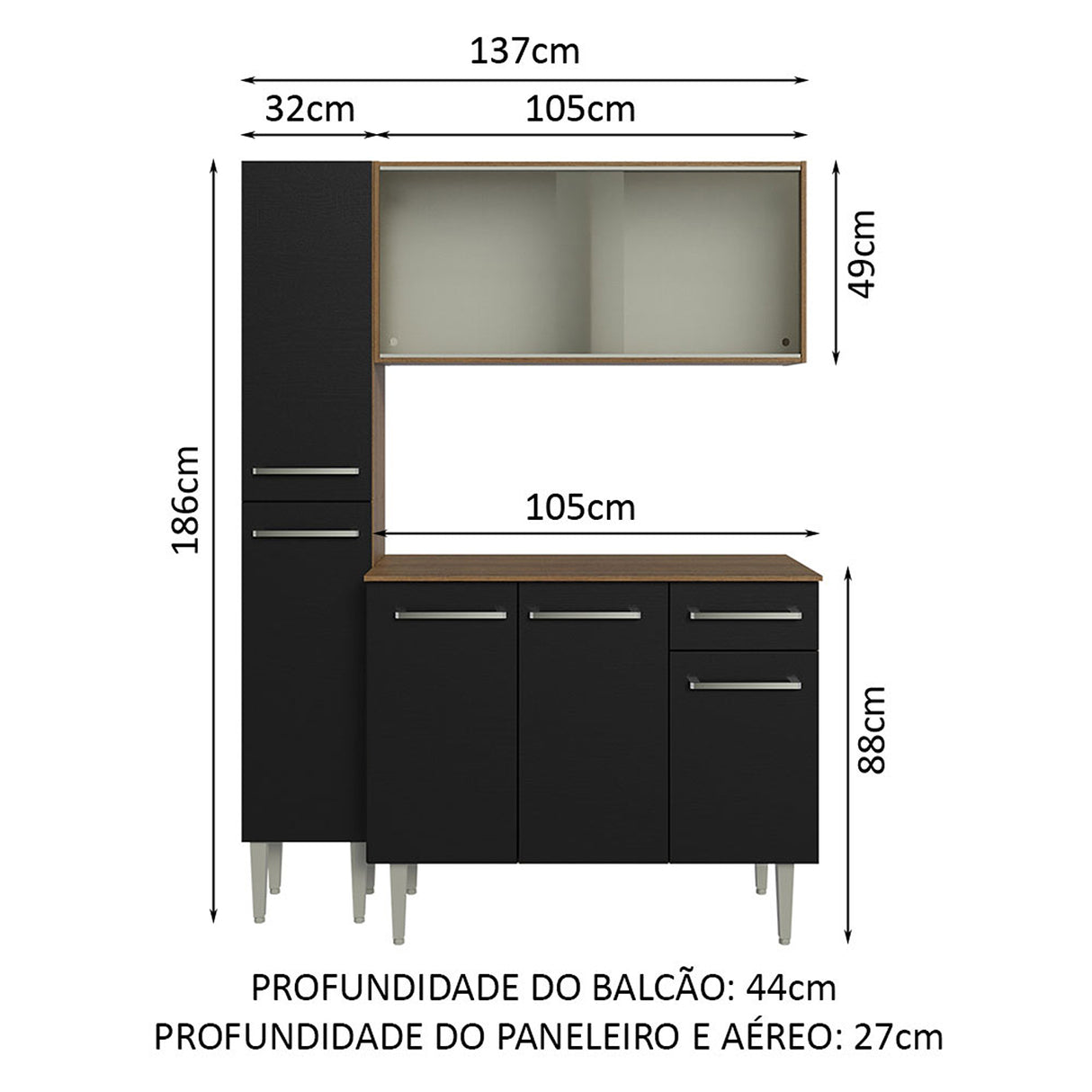 Cocina Integral Emilly Marron y Negro 137x186cm con Mesón de Madera sin Pozuelo y Siete Puertas - COCINAS | Bylmo