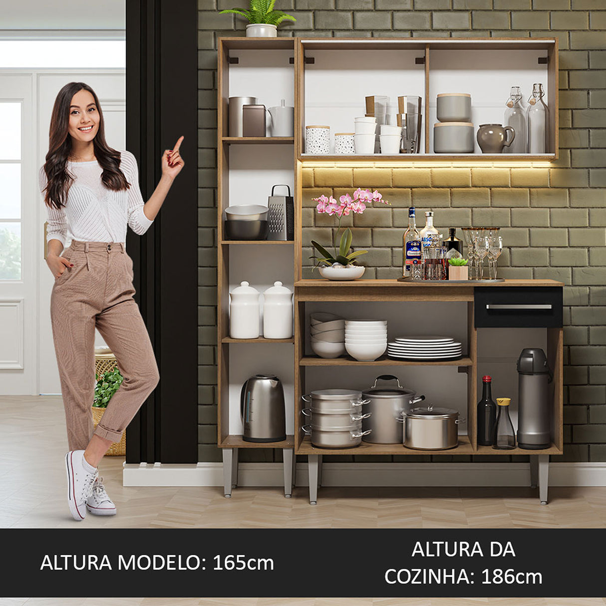 Cocina Integral Emilly Marron y Negro 137x186cm con Mesón de Madera sin Pozuelo y Siete Puertas - COCINAS | Bylmo