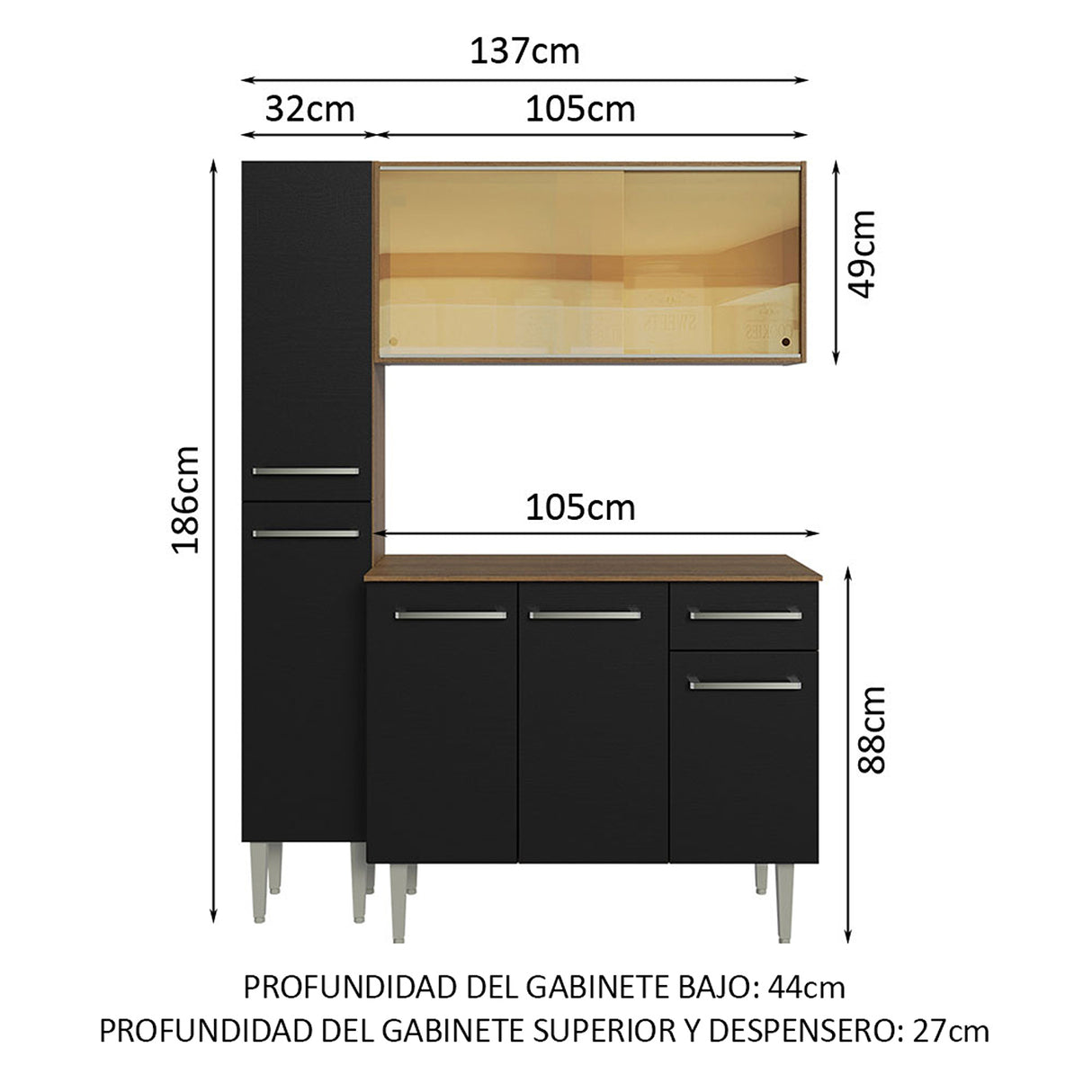 Cocina Integral Emilly Marron y Negro 137x186cm con Mesón de Madera y sin Pozuelo - COCINAS | Bylmo
