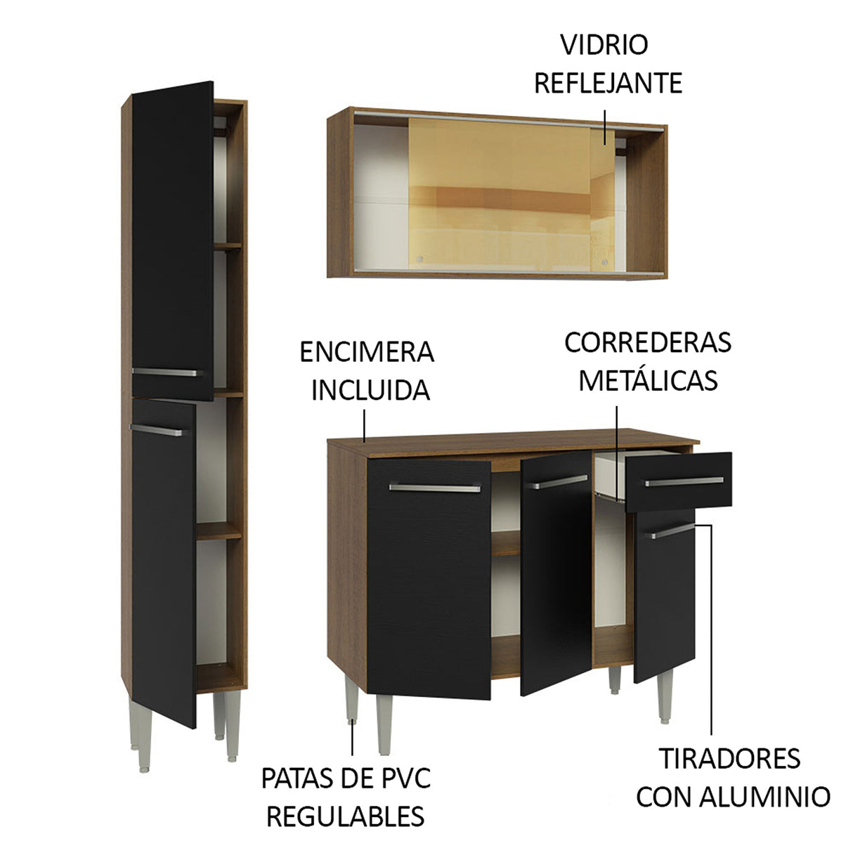 Cocina Integral Emilly Marron y Negro 137x186cm con Mesón de Madera y sin Pozuelo - COCINAS | Bylmo