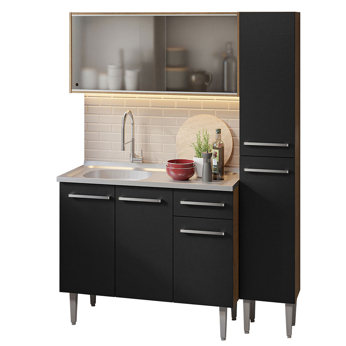 Cocina Integral Emilly Marron y Negro 137x186cm con Mesón de Acero y con Pozuelo - COCINAS | Bylmo