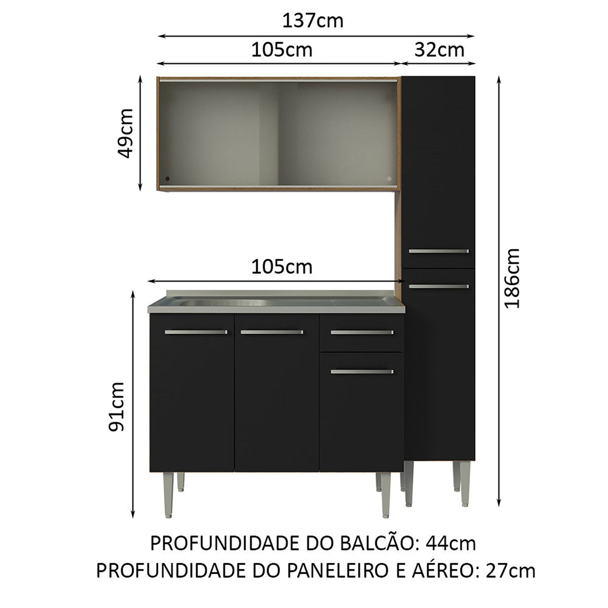 Cocina Integral Emilly Marron y Negro 137x186cm con Mesón de Acero y con Pozuelo - COCINAS | Bylmo