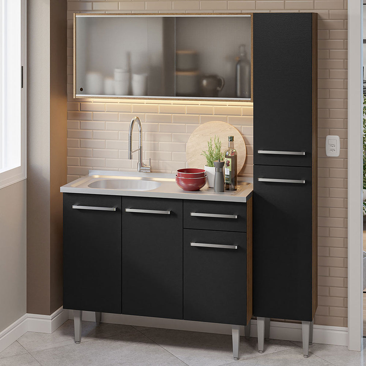 Cocina Integral Emilly Marron y Negro 137x186cm con Mesón de Acero y con Pozuelo - COCINAS | Bylmo