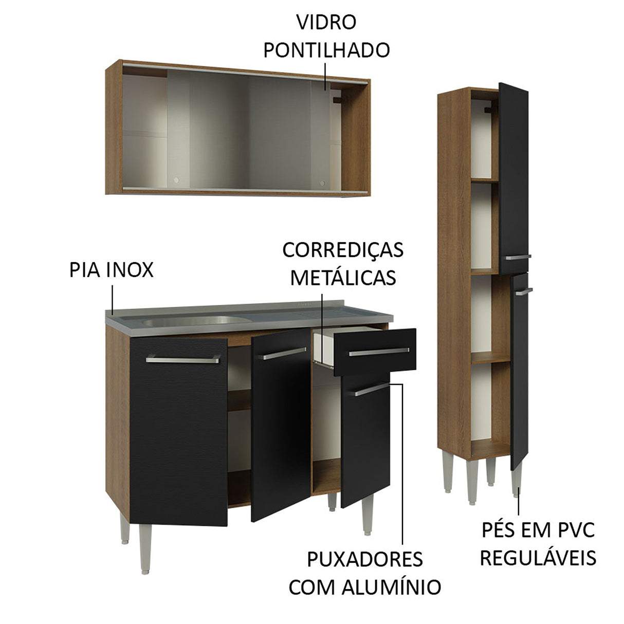Cocina Integral Emilly Marron y Negro 137x186cm con Mesón de Acero y con Pozuelo - COCINAS | Bylmo